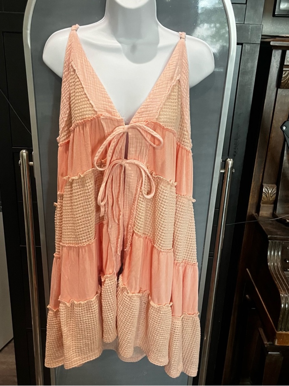 POL Peach Coral Tiered Waffle Knit Tie Front Mini Dress YKT370 L